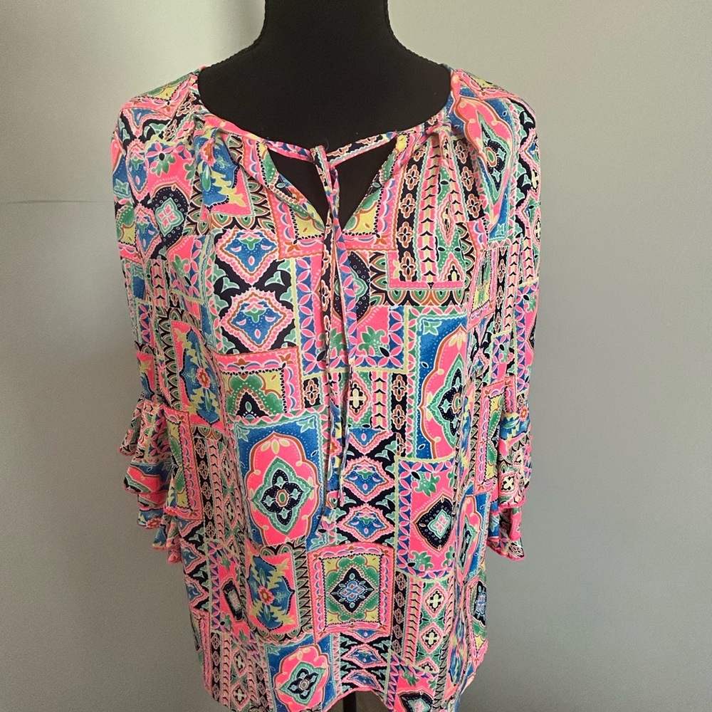 NWOT Almatrichi Colorful Geometric Print Women's Top, size 40